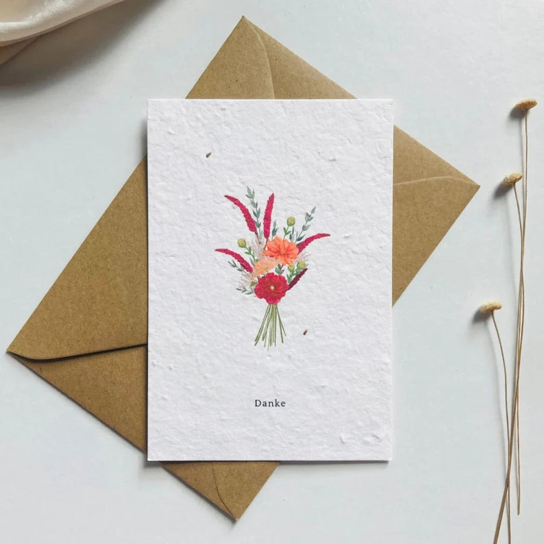 Einpflanzbare Karte aus handgemachtem Saatpapier | Danke Strauß