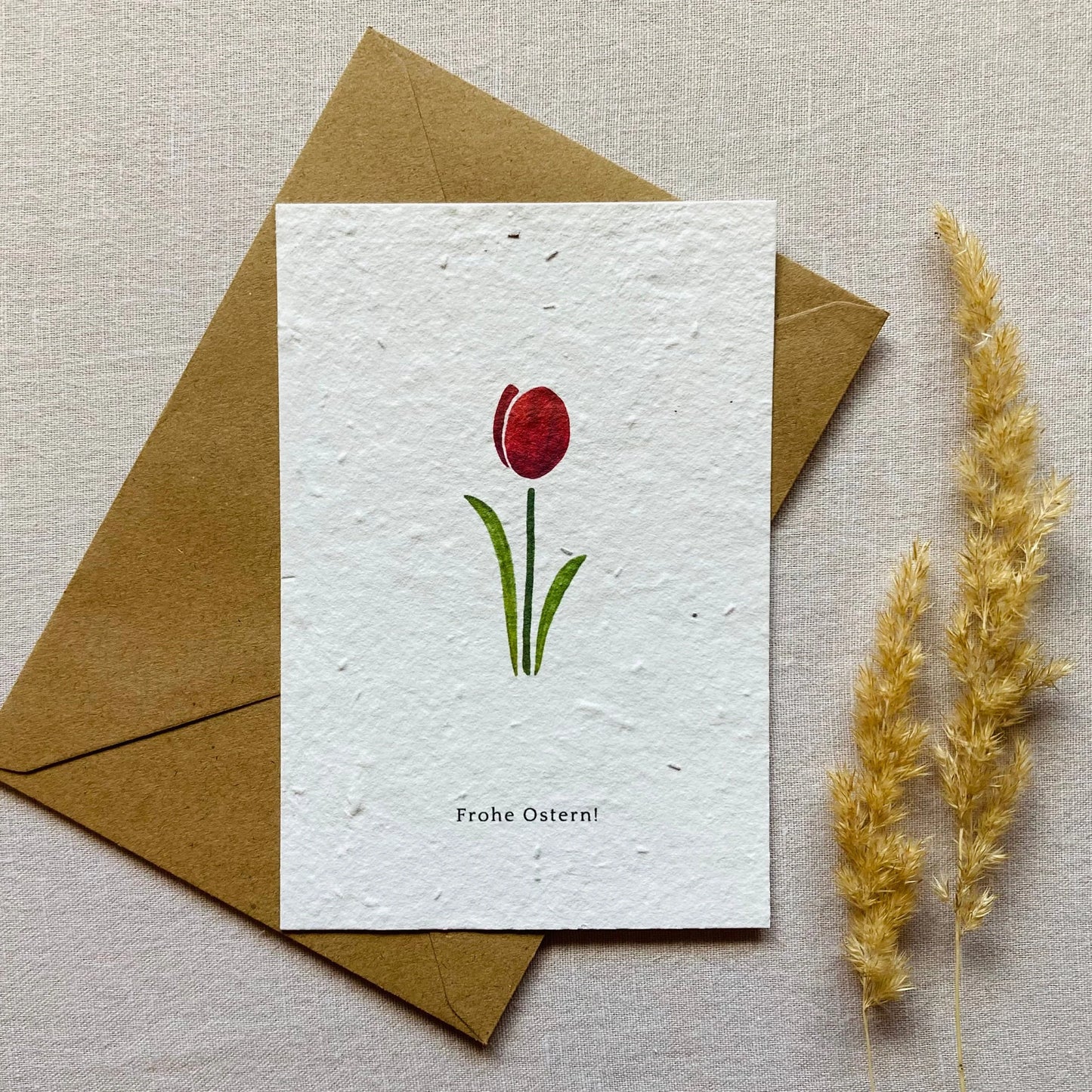Einpflanzbare Karte aus handgemachtem Saatpapier | Frohe Ostern Tulpe rot