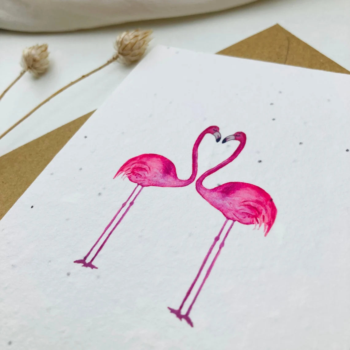 Einpflanzbare Karte aus handgemachtem Saatpapier | Ich liebe dich Flamingo