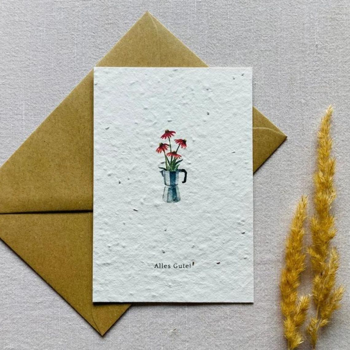 Einpflanzbare Karte aus handgemachtem Saatpapier | Alles Gute Blumen + Kaffeekanne