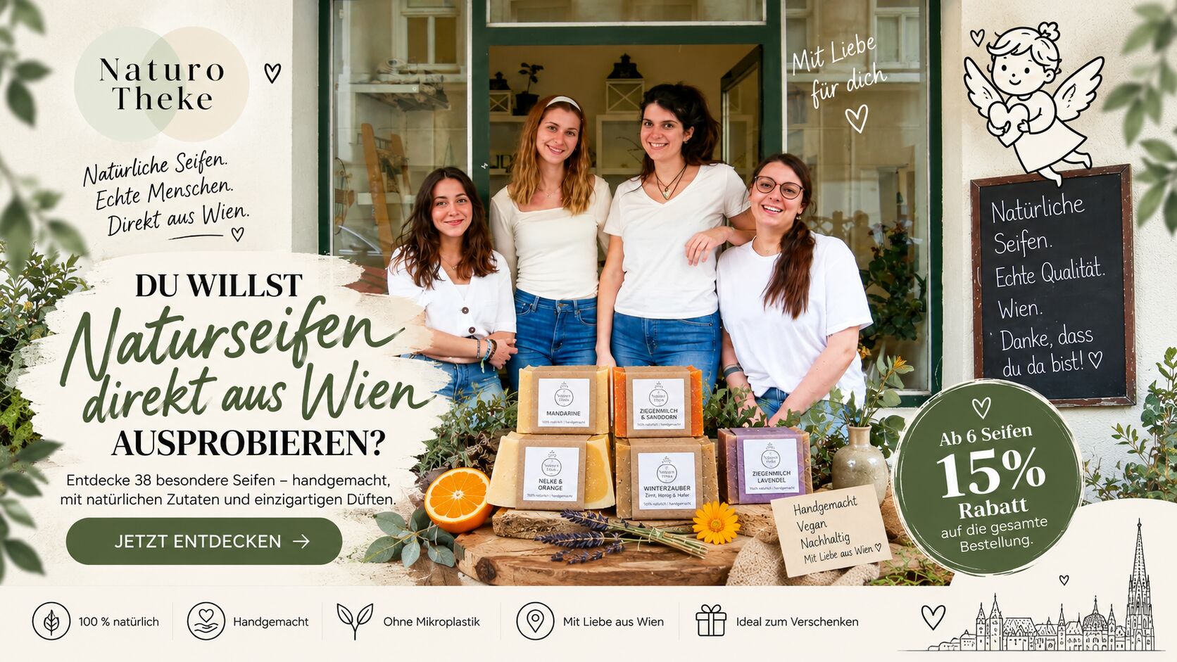 Du willst Naturseifen direkt aus Wien ausprobieren? Ab 6 Seifen 15 % Rabatt auf die gesamte Bestellung. 100 % natürlich, handgemacht, ohne Mikroplastik, mit Liebe aus Wien.
