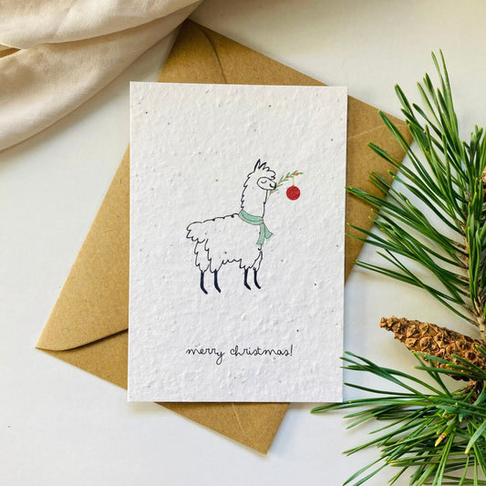Einpflanzbare Weihnachtskarte aus handgemachtem Saatpapier | Alpaka Frohe Weihnachten
