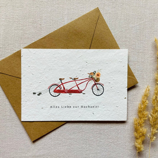 Einpflanzbare Karte aus handgemachtem Saatpapier | Alles Liebe zur Hochzeit Fahrrad