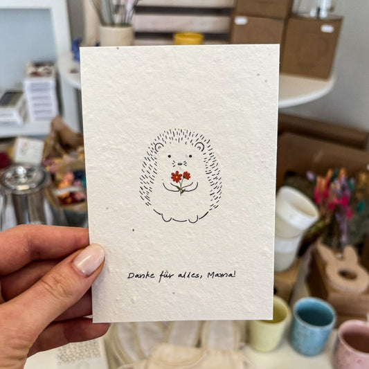 Einpflanzbare Karte aus handgemachtem Saatpapier | Danke für alles, Mama Igel