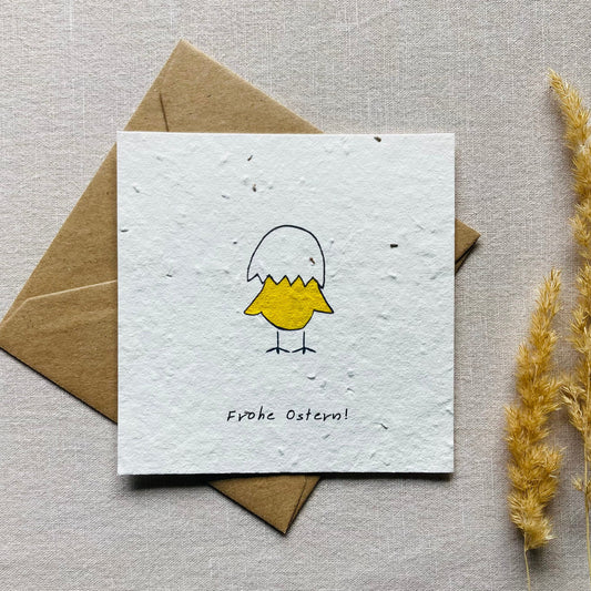 Einpflanzbare Karte aus handgemachtem Saatpapier | Frohe Ostern Küken mit Ei