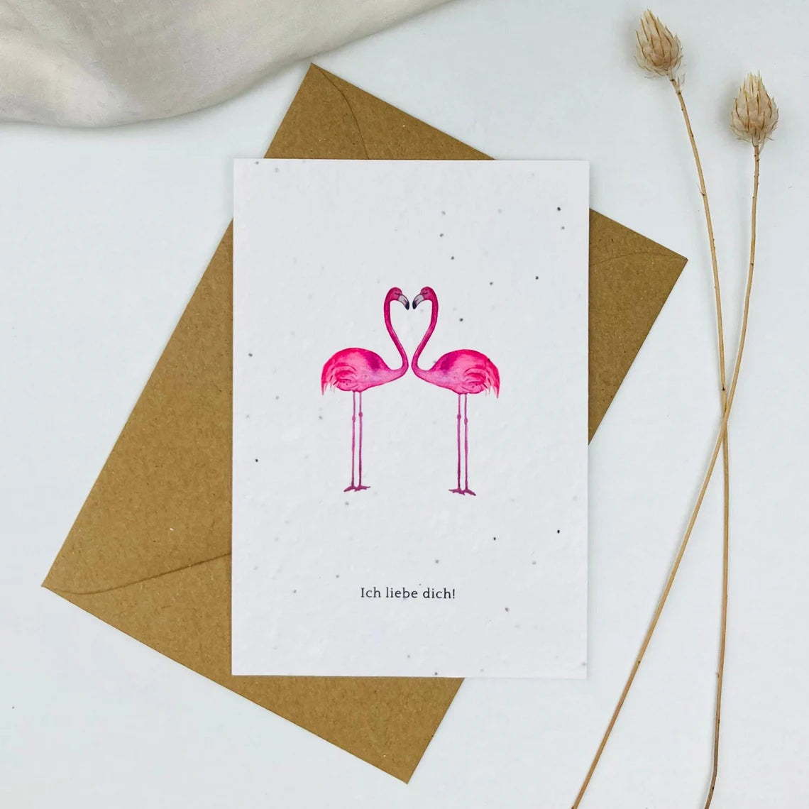 Einpflanzbare Karte aus handgemachtem Saatpapier | Ich liebe dich Flamingo