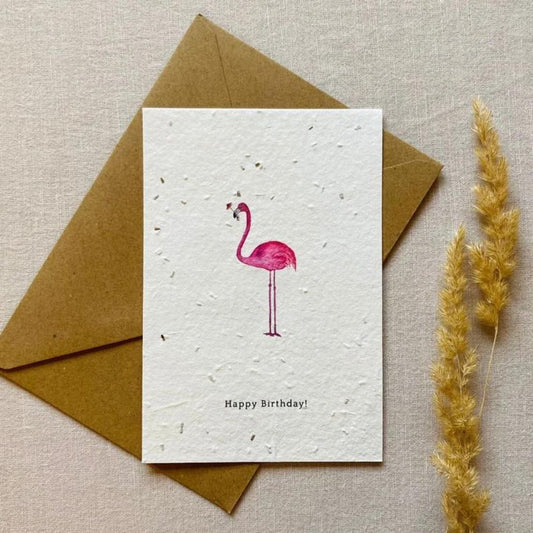 Einpflanzbare Karte aus handgemachtem Saatpapier | Happy Birthday Flamingo